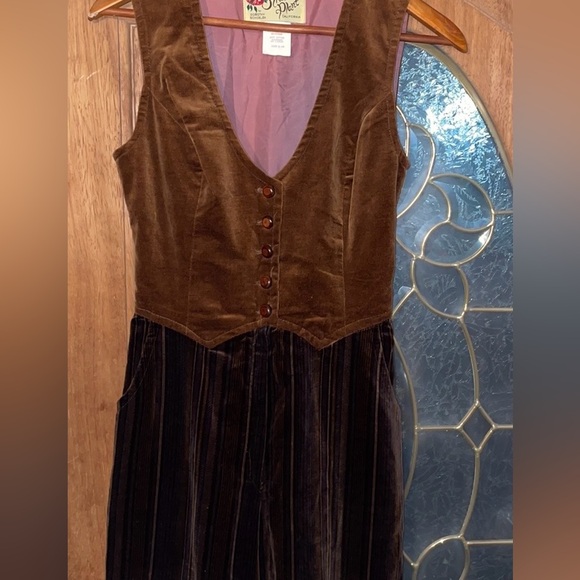 Vintage Jumpsuit The Strawberry Plant /Brown Vest Gray Stripe Trouser 70's - Picture 3 of 8